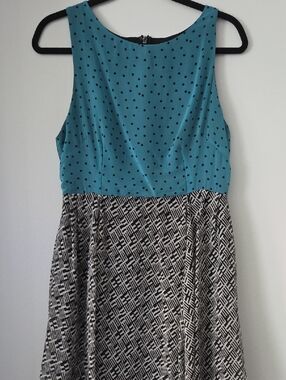 Bar III Teal Polka Dot Top with Black and White Patterned Skirt Mini Dress